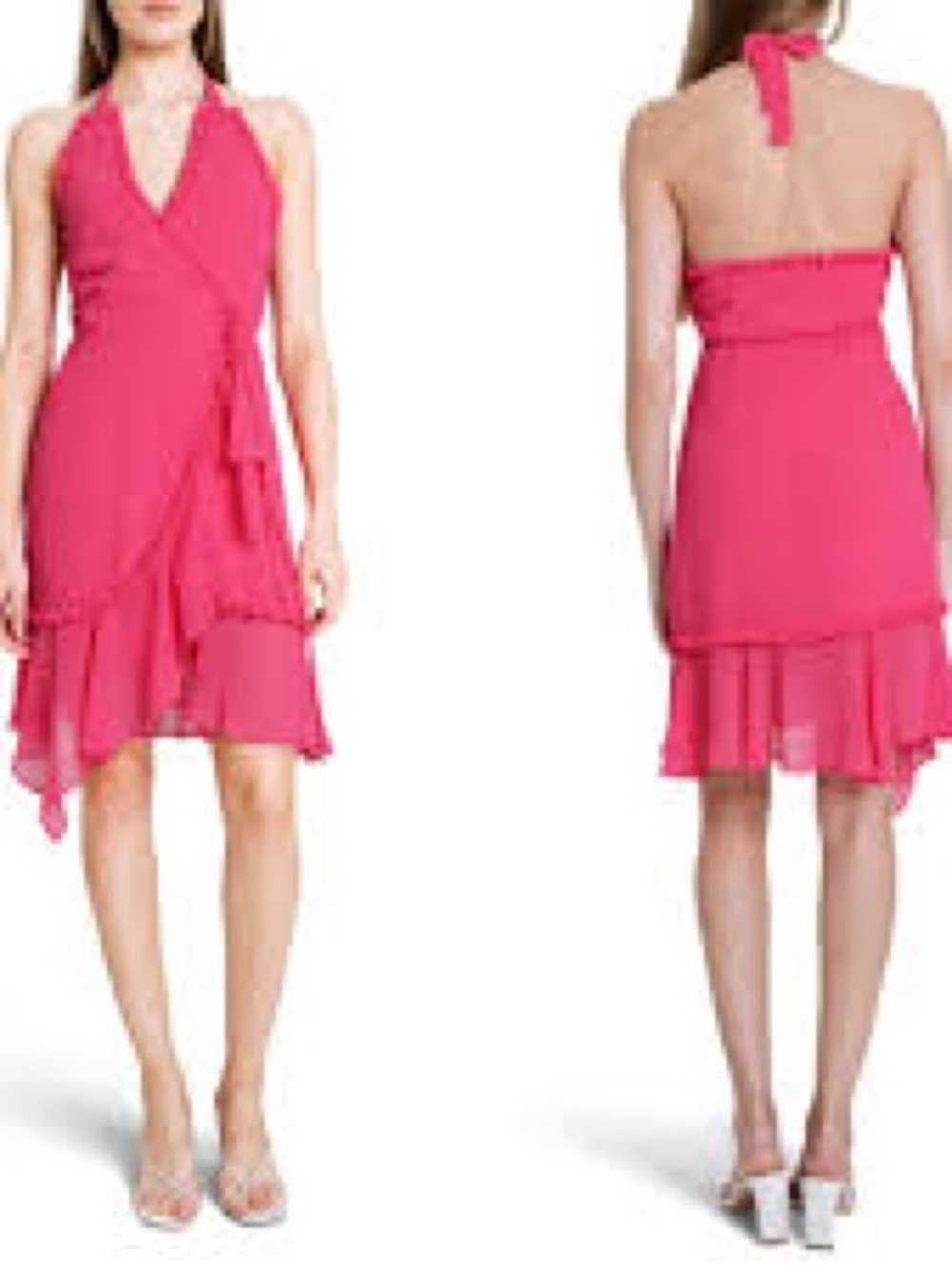 Wayf Hot Pink Ruffle Wrap Midi Dress